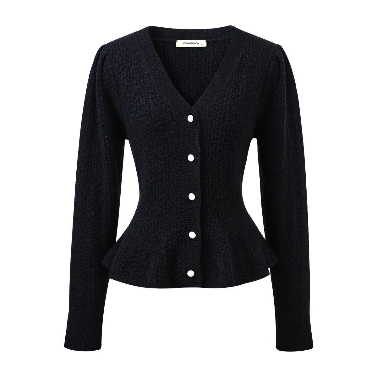 100% Wool Elegant Peplum Button Cardigan