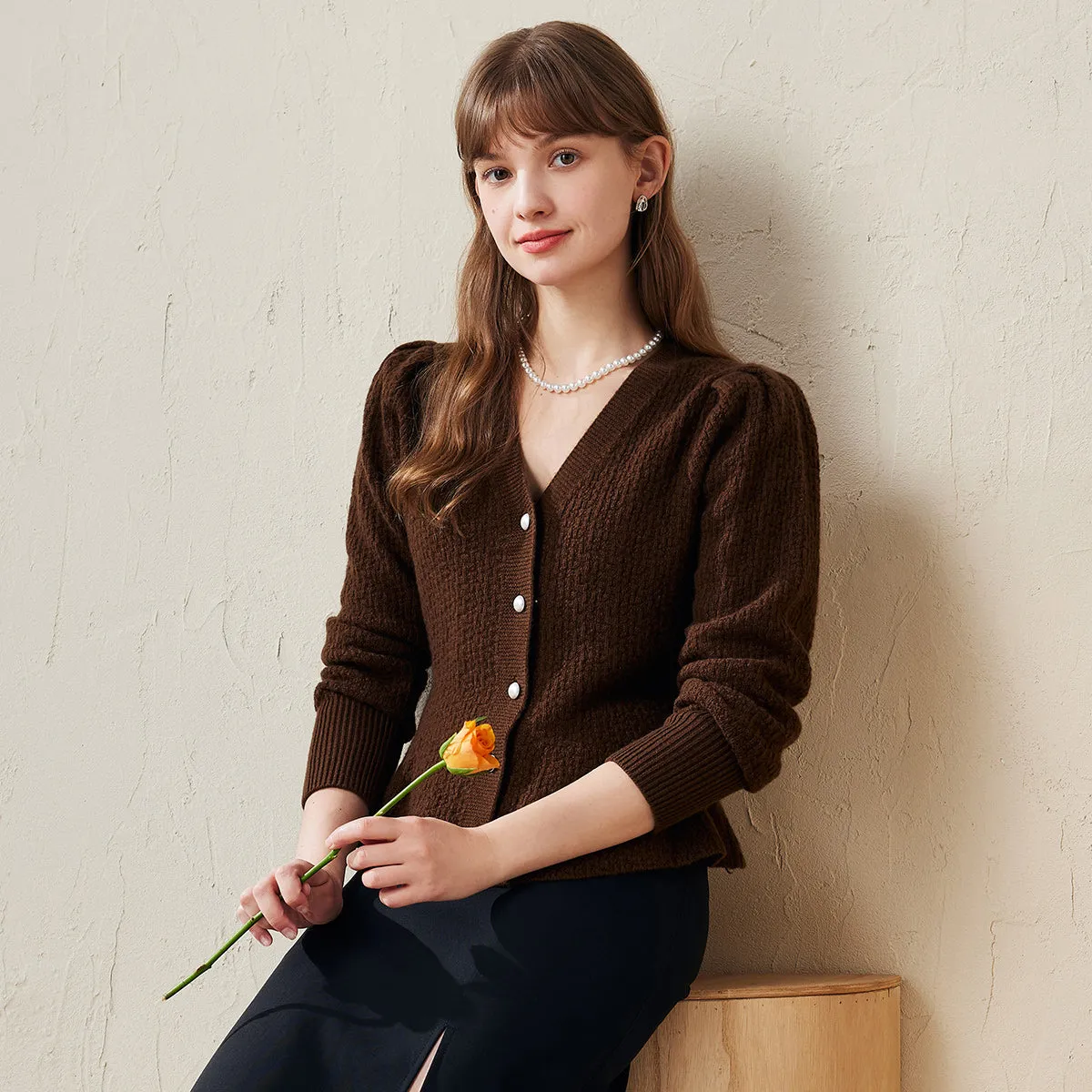 100% Wool Elegant Peplum Button Cardigan