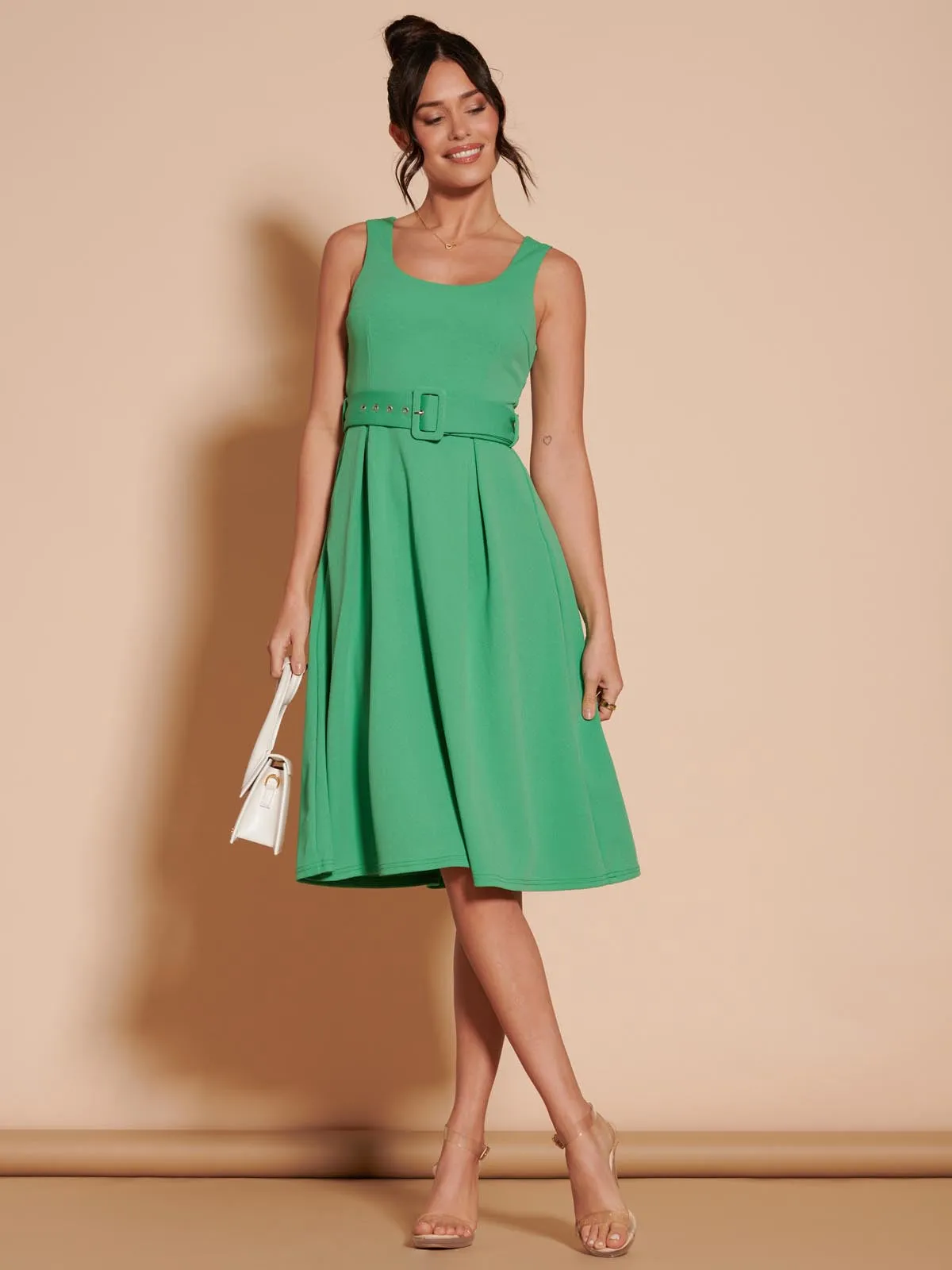 1950's Inspired Belted Swing Dress, Green