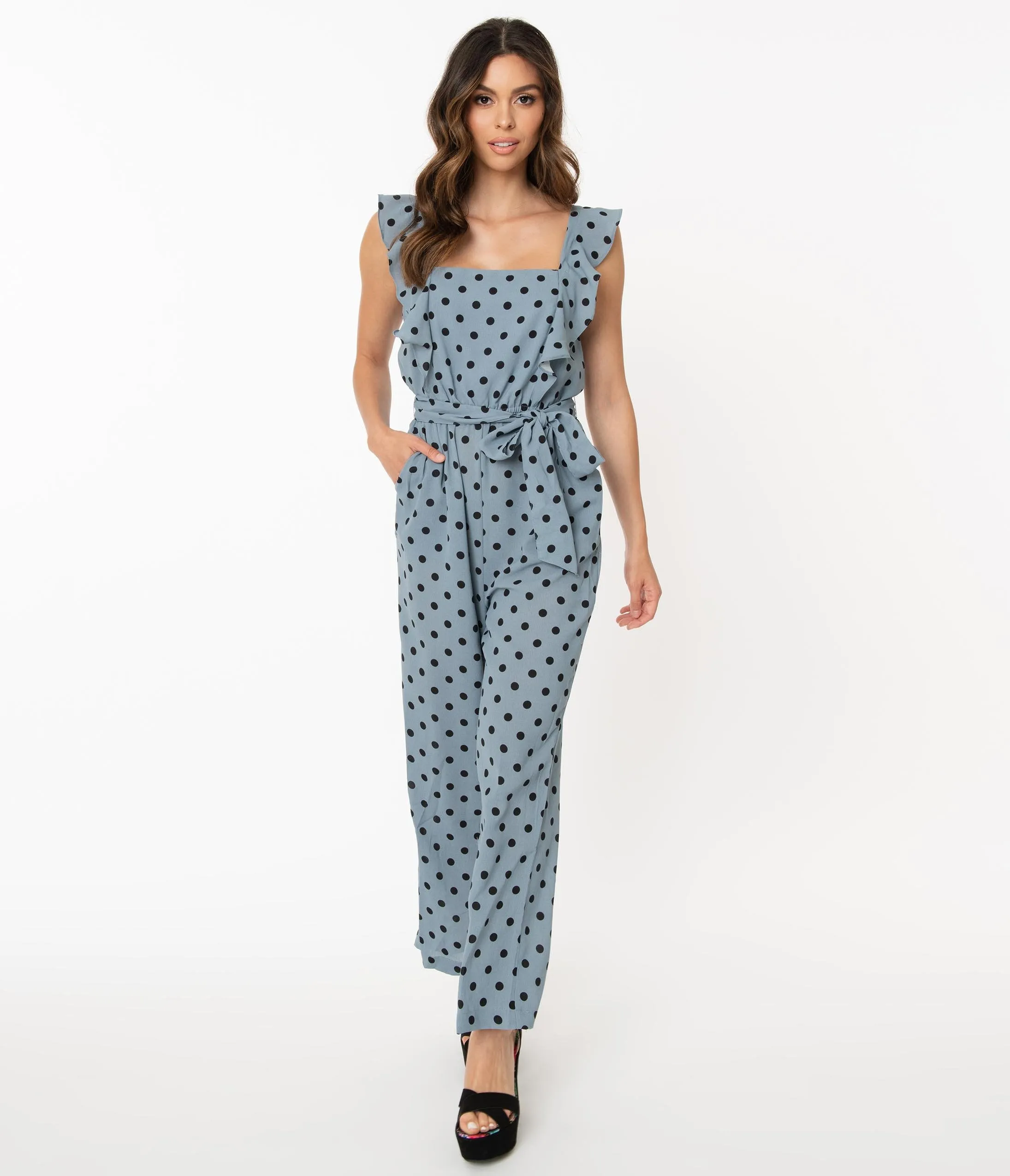 1970s Style Dusty Blue & Black Polka Dot Jumpsuit