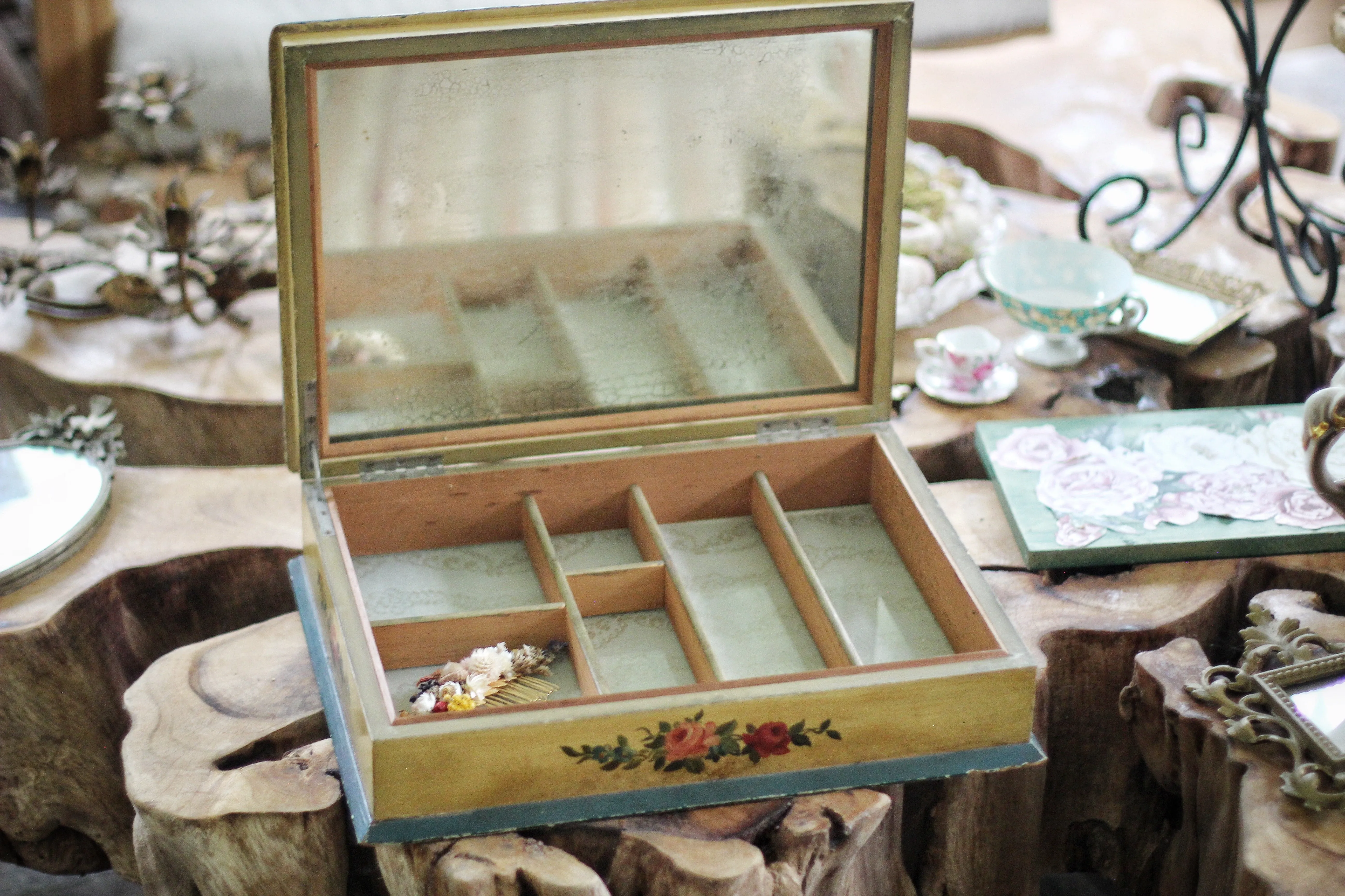 Antique Floral Wood Jewelry Box