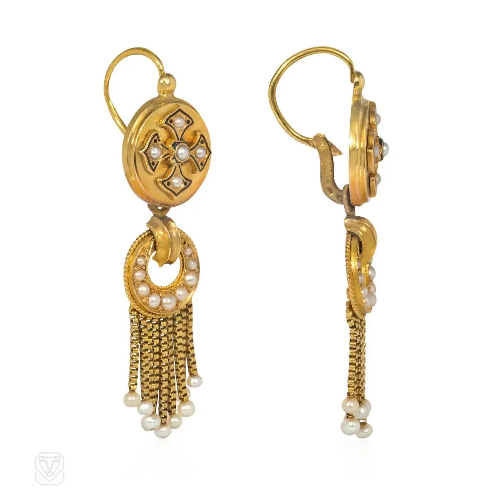 Antique French Import gold, pearl, and enamel fringe earrings