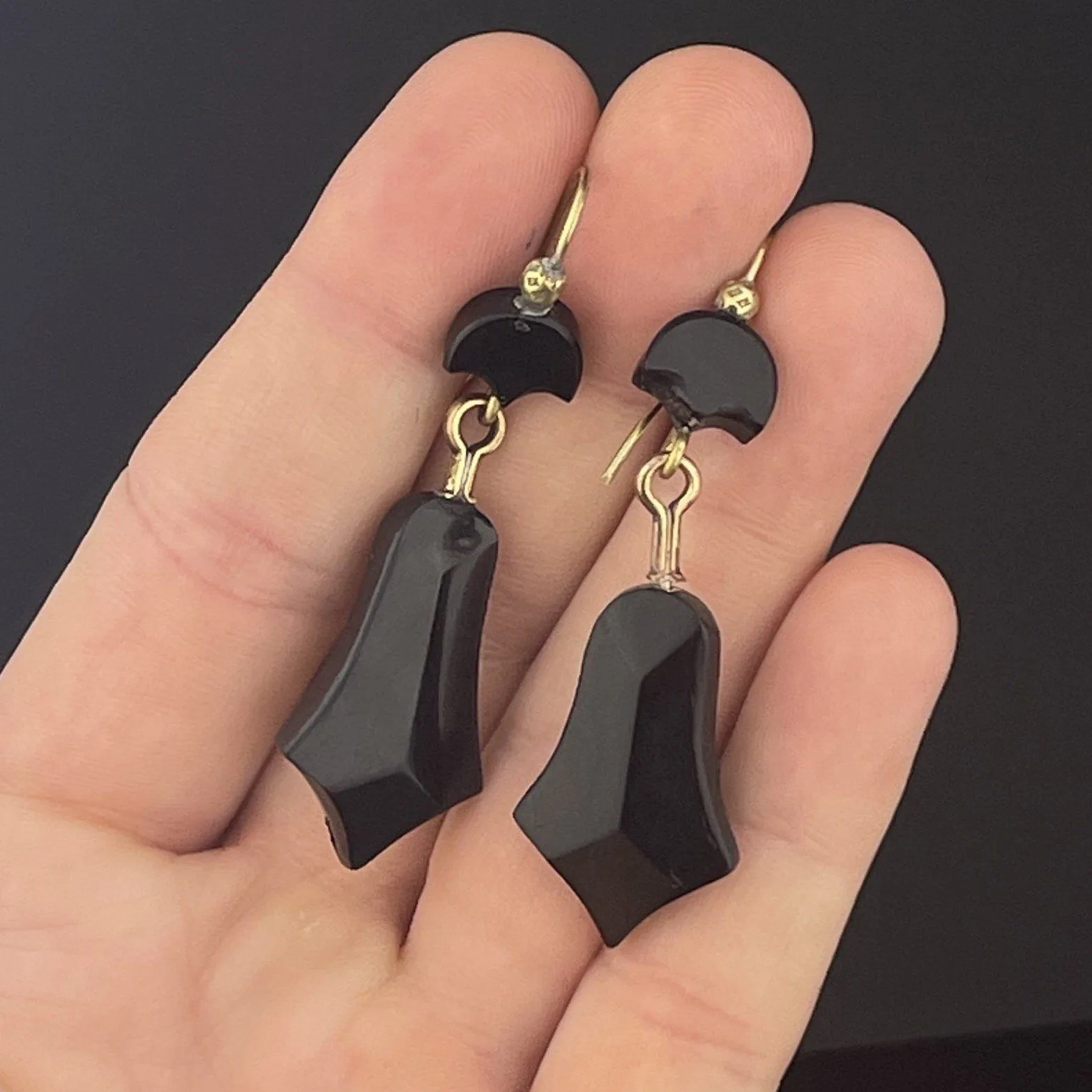 Antique Rolled Gold Carved Whitby Jet Victorian Mourning Earrings