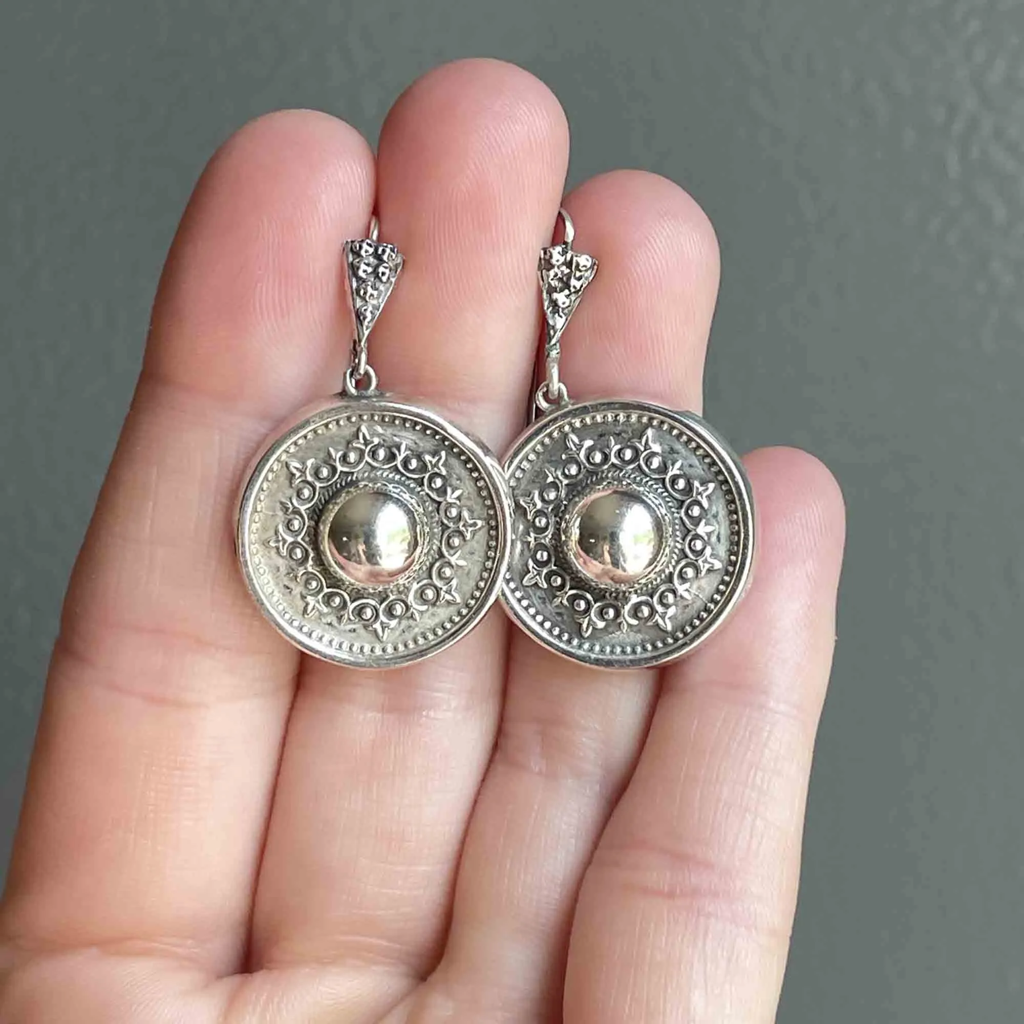 Antique Victorian Engraved Silver Disc Earrings