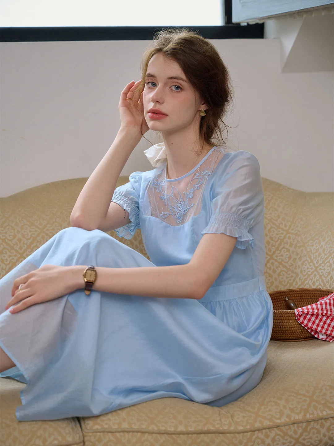 Ariella Round Neck Mesh Embroidered Puff Sleeve Dress- Light Blue