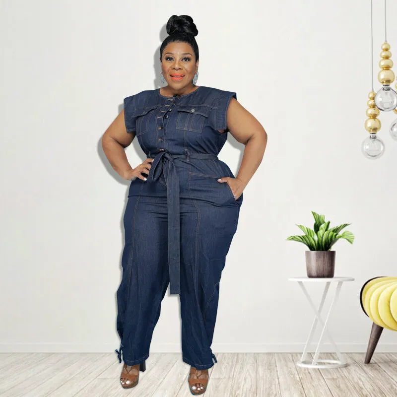 Basic Plus Size Women Clothing Overalls Casual Office Ladies Playsuits Female Pantalon Streetwear Romper Blue Denim Jumpsuit