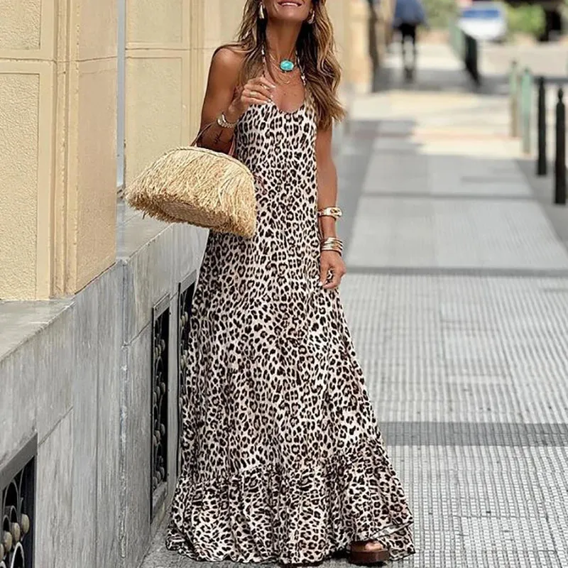 Beach Maxi High Street Halter Loose Backless Sexy Elegant Leopard Print Floral V-neck Dress