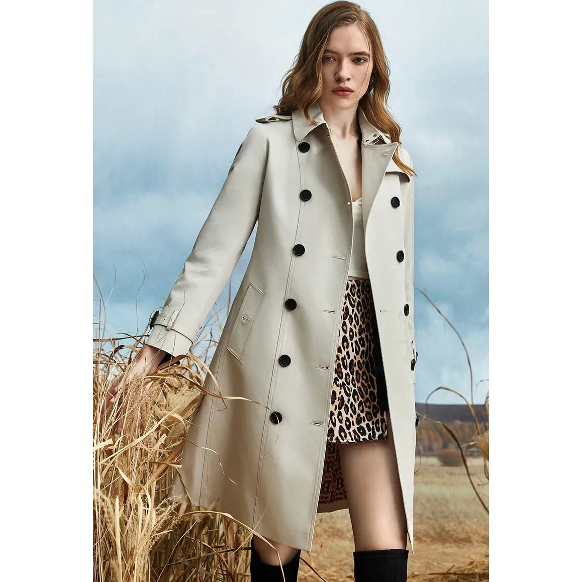 Belted Double Breasted Thigh-Length Trench Coat