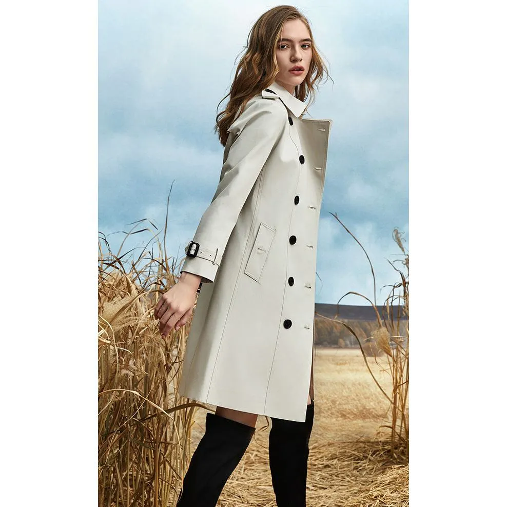 Belted Double Breasted Thigh-Length Trench Coat