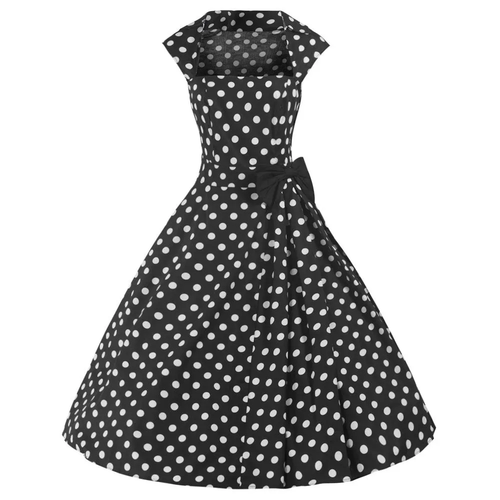 Black and White 50s Polka Dot Swing Bow Dress