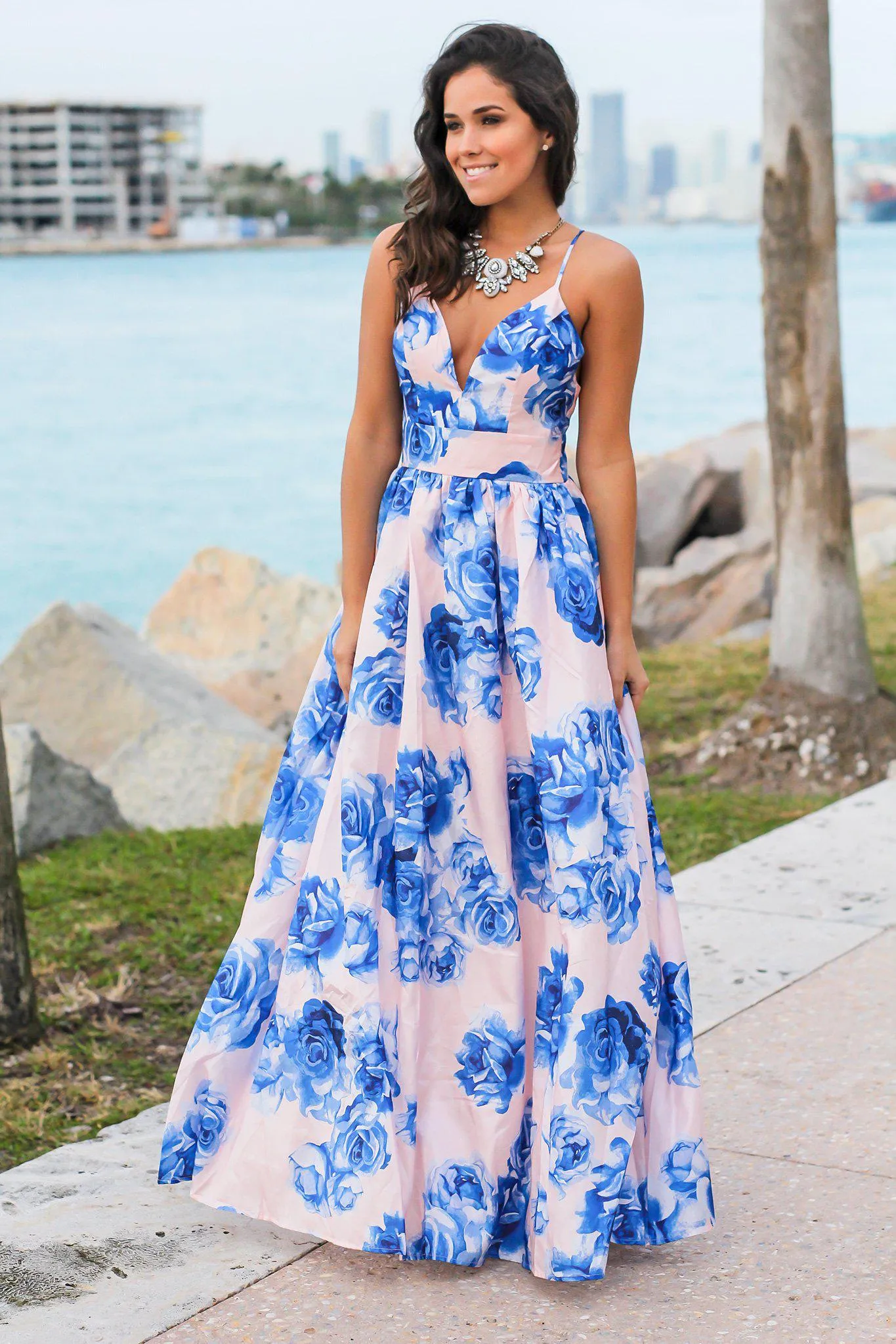 Blush and Blue Floral Maxi Dress with Criss Cross Back