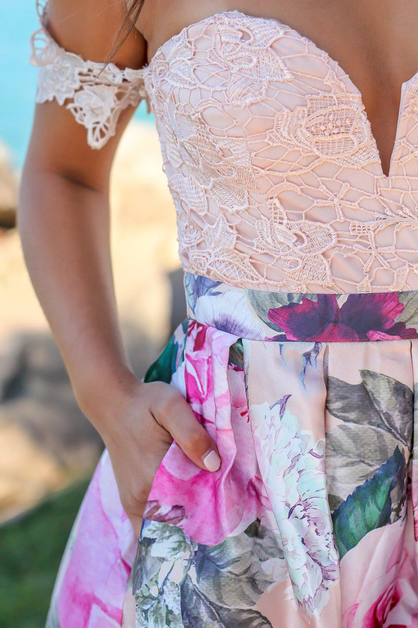 Blush Off Shoulder Floral Maxi Dress with Crochet Top