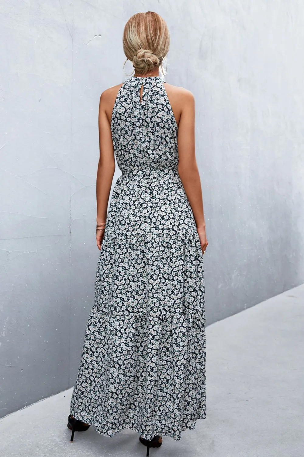 Botanical Printed Sleeveless Tie Waist Maxi Dress