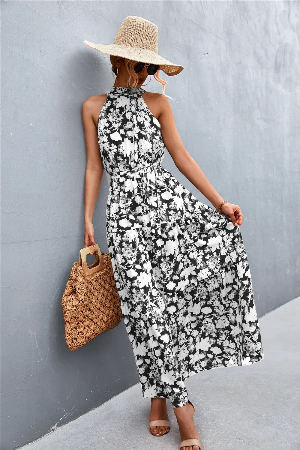 Botanical Printed Sleeveless Tie Waist Maxi Dress