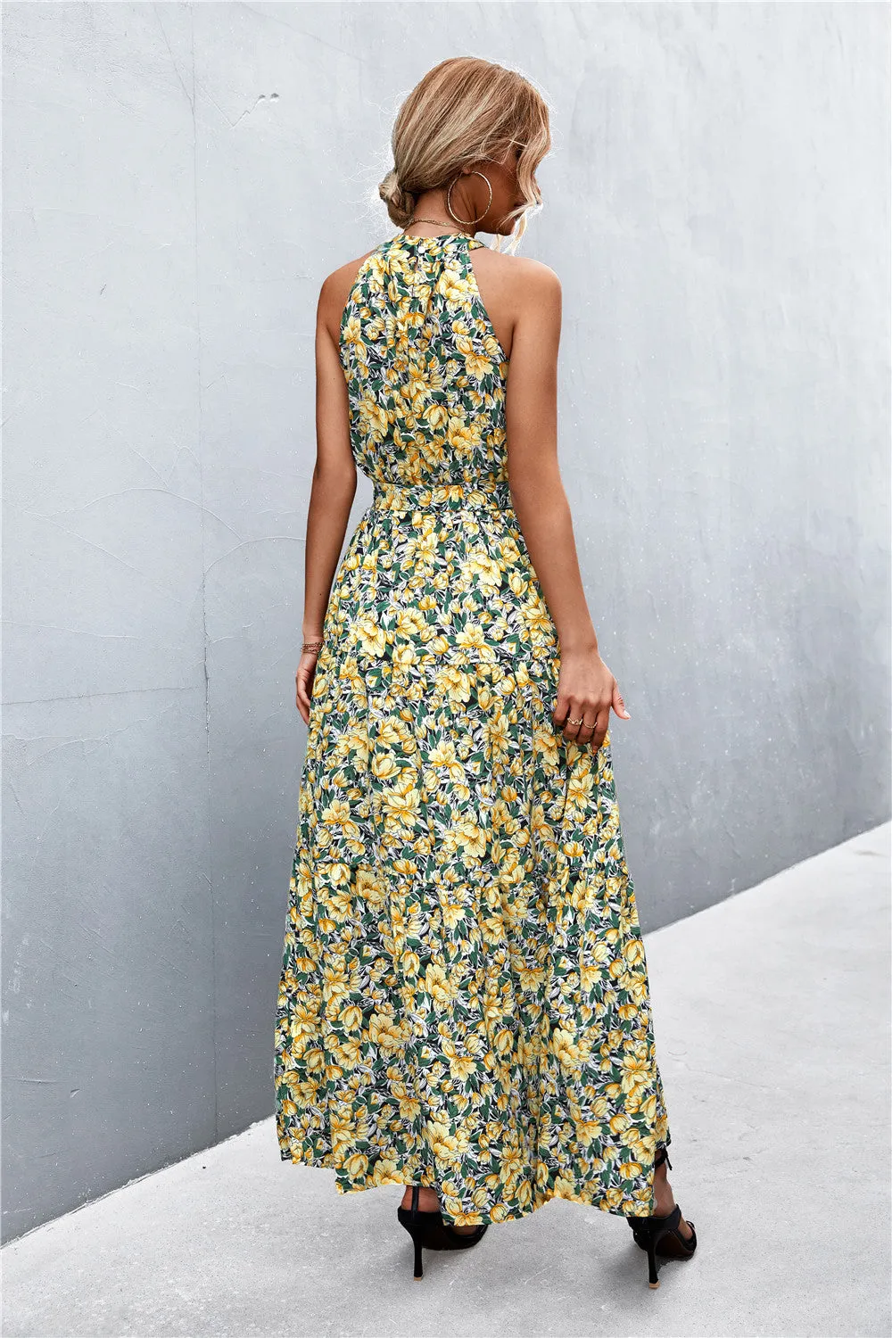 Botanical Printed Sleeveless Tie Waist Maxi Dress