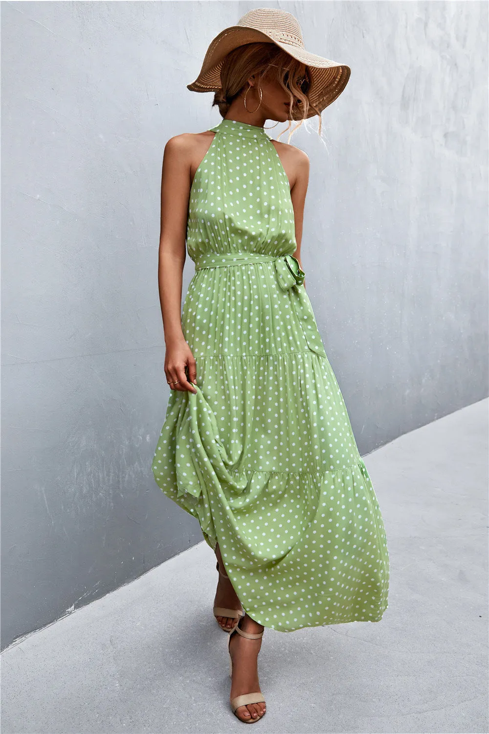 Botanical Printed Sleeveless Tie Waist Maxi Dress