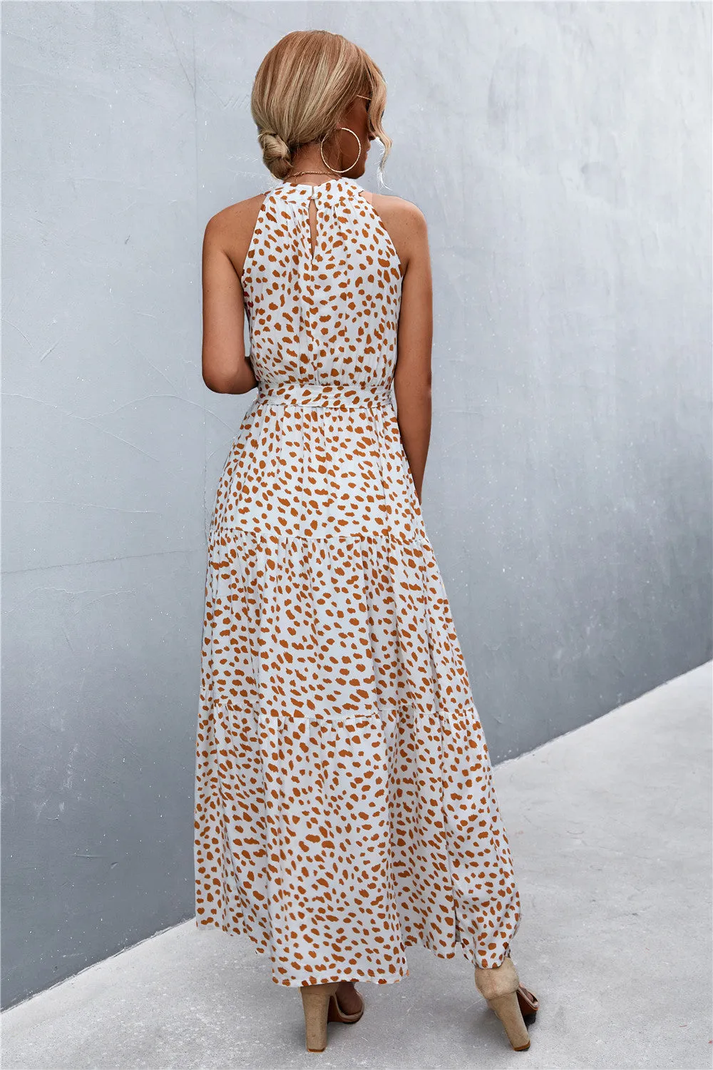 Botanical Printed Sleeveless Tie Waist Maxi Dress