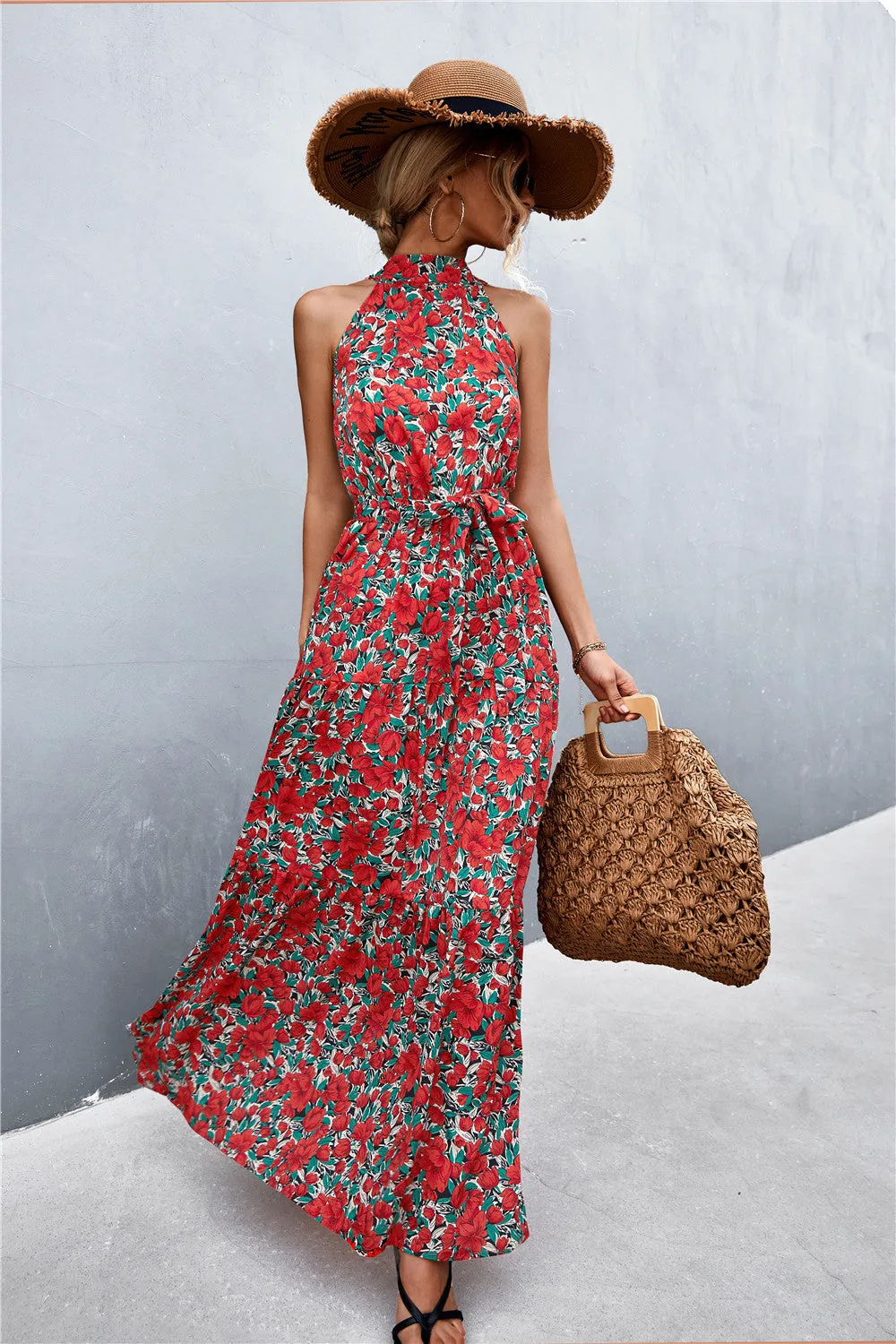 Botanical Printed Sleeveless Tie Waist Maxi Dress