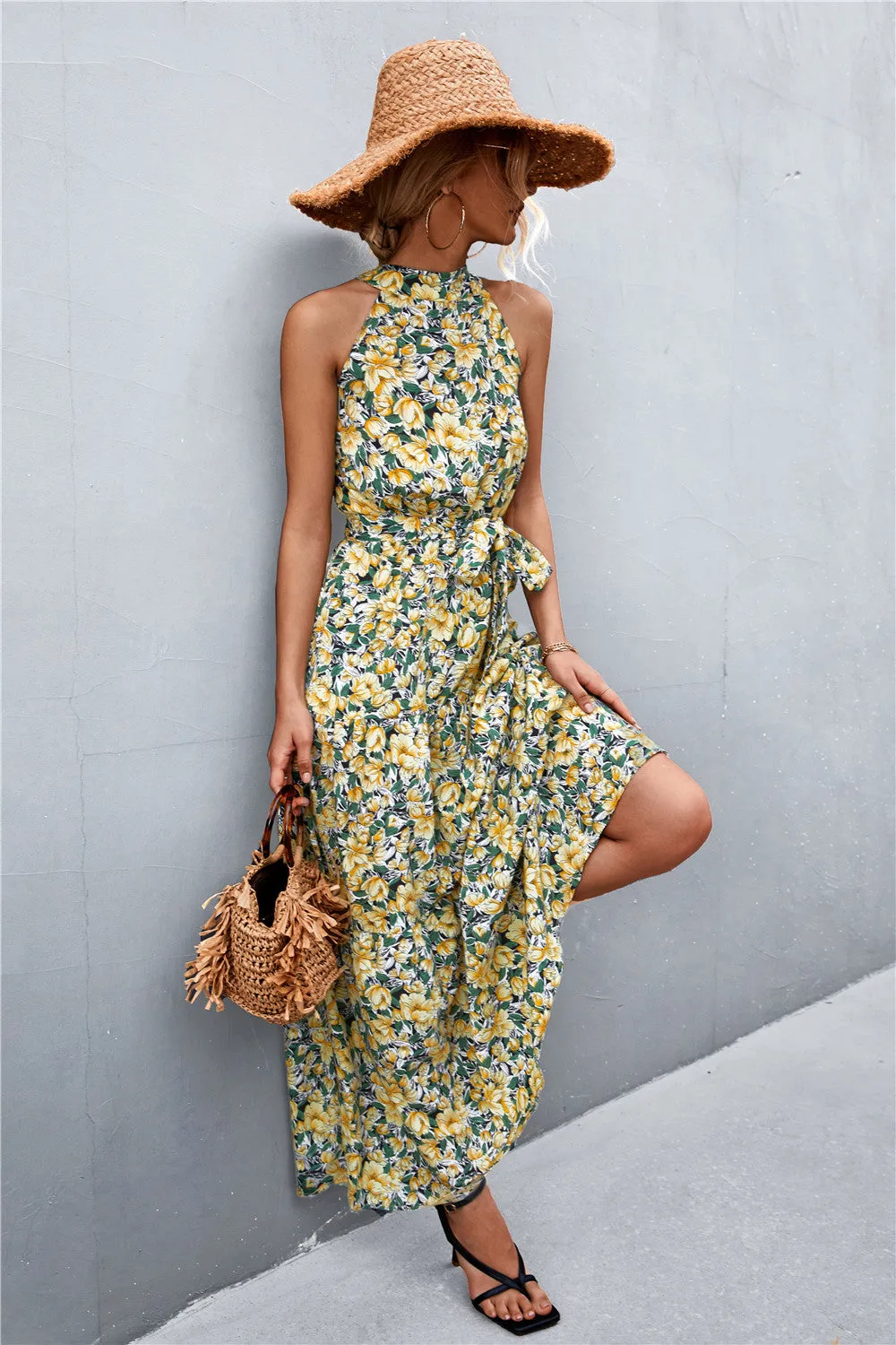 Botanical Printed Sleeveless Tie Waist Maxi Dress