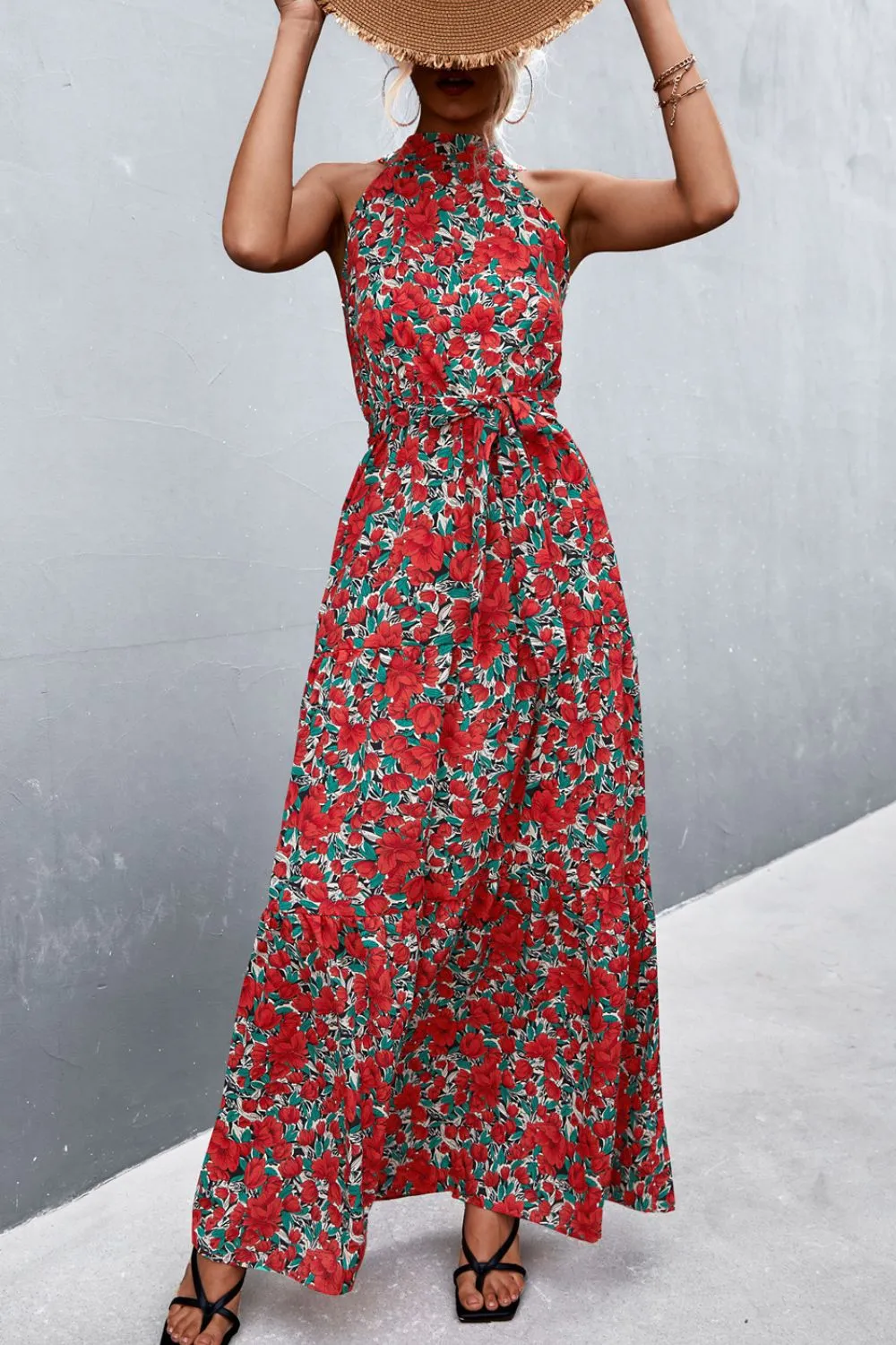 Botanical Printed Sleeveless Tie Waist Maxi Dress