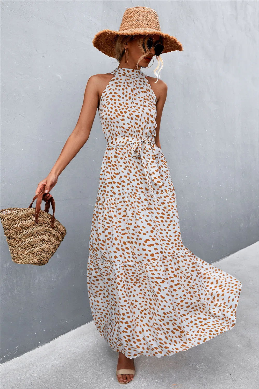 Botanical Printed Sleeveless Tie Waist Maxi Dress