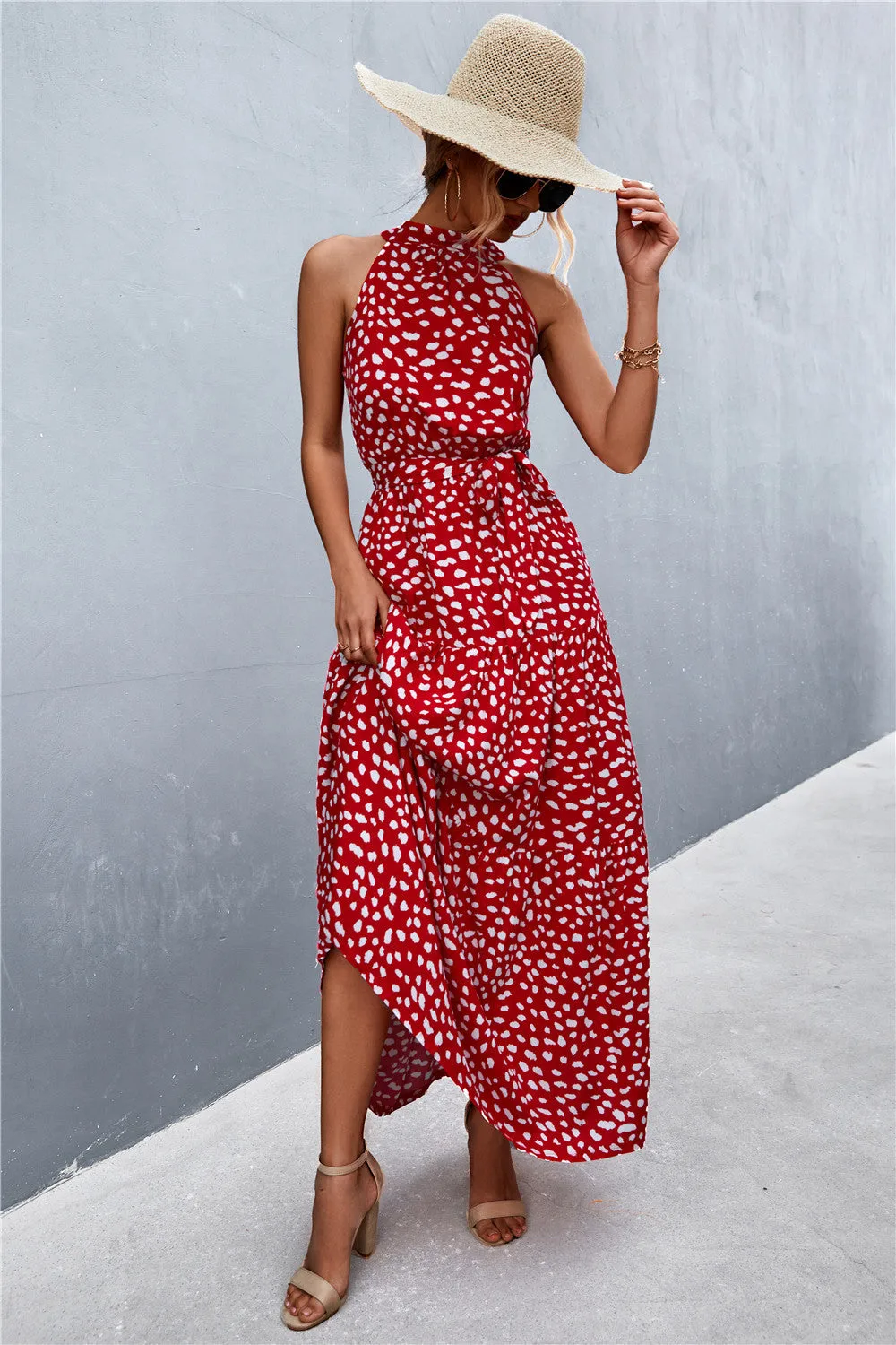 Botanical Printed Sleeveless Tie Waist Maxi Dress