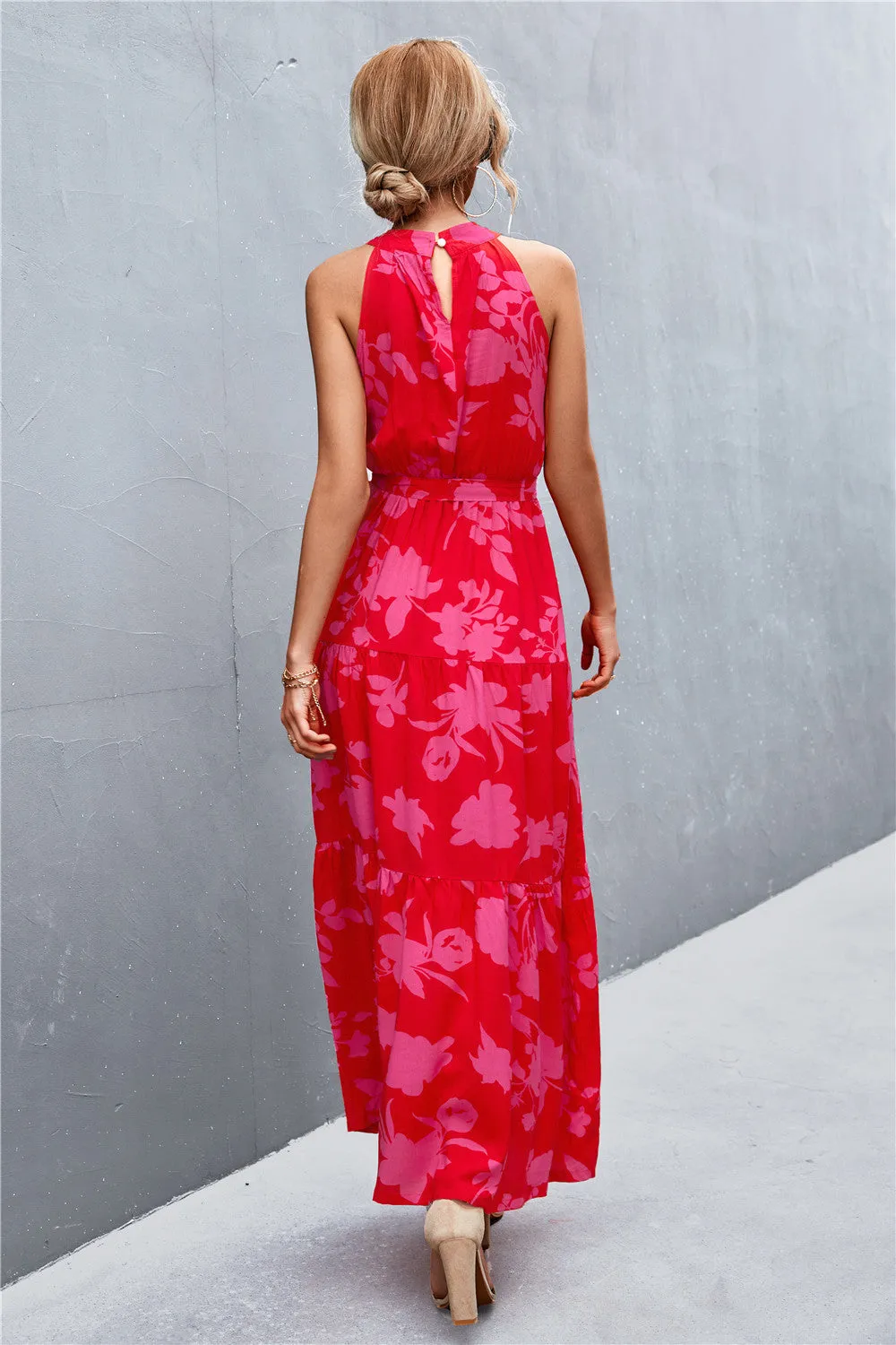 Botanical Printed Sleeveless Tie Waist Maxi Dress