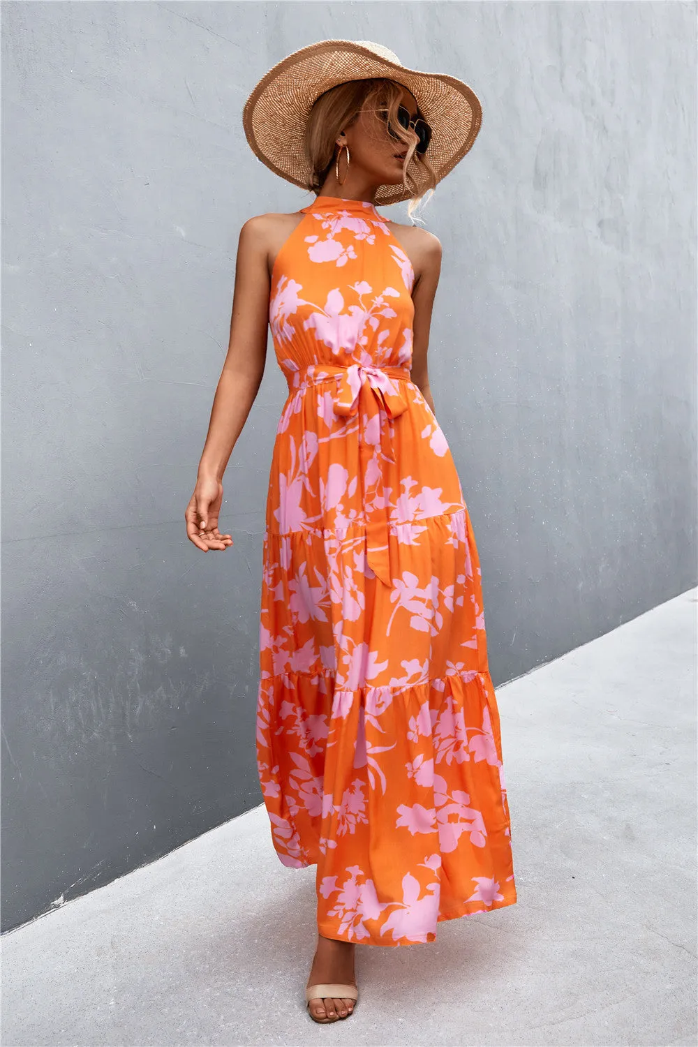 Botanical Printed Sleeveless Tie Waist Maxi Dress