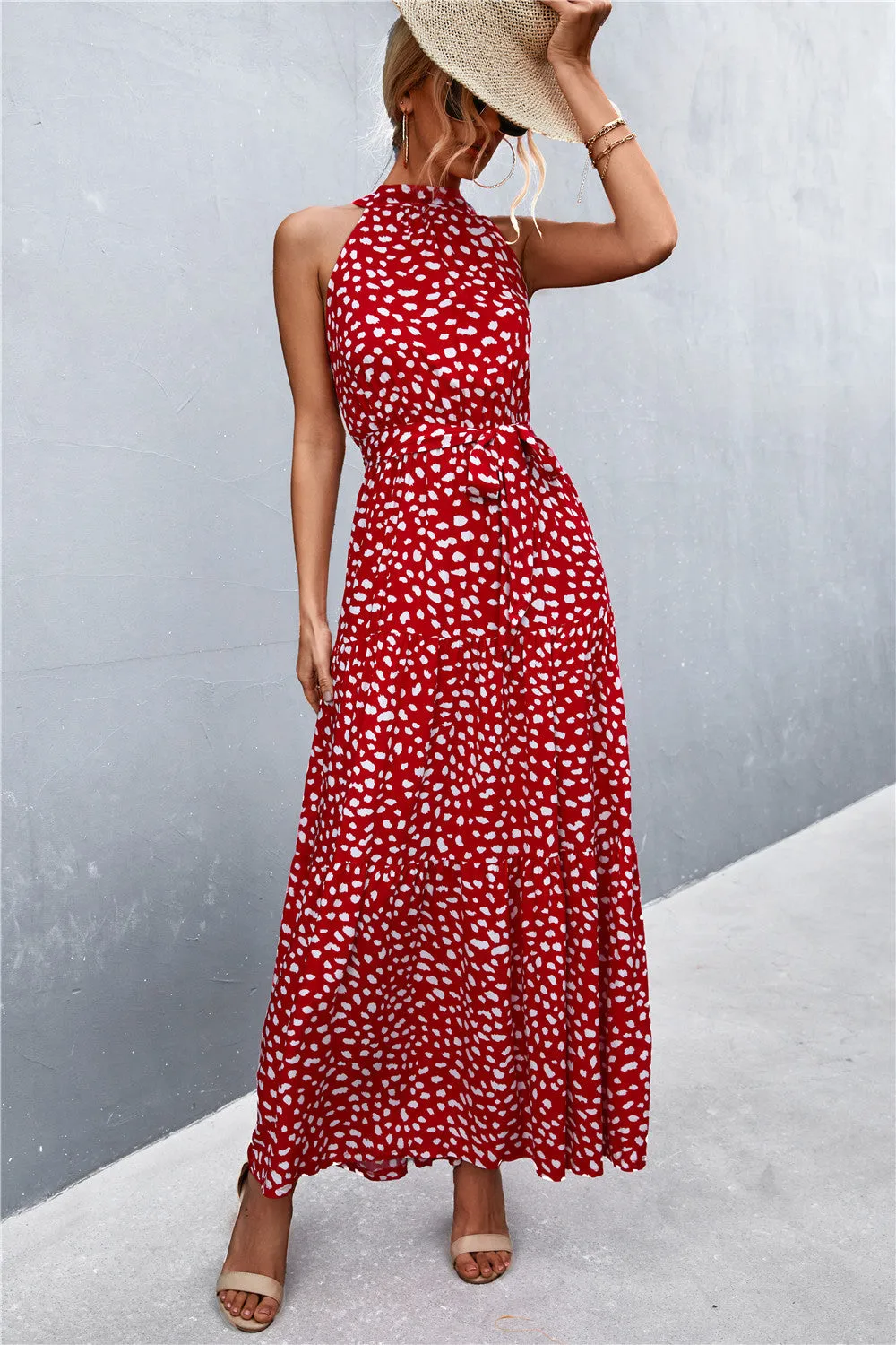 Botanical Printed Sleeveless Tie Waist Maxi Dress