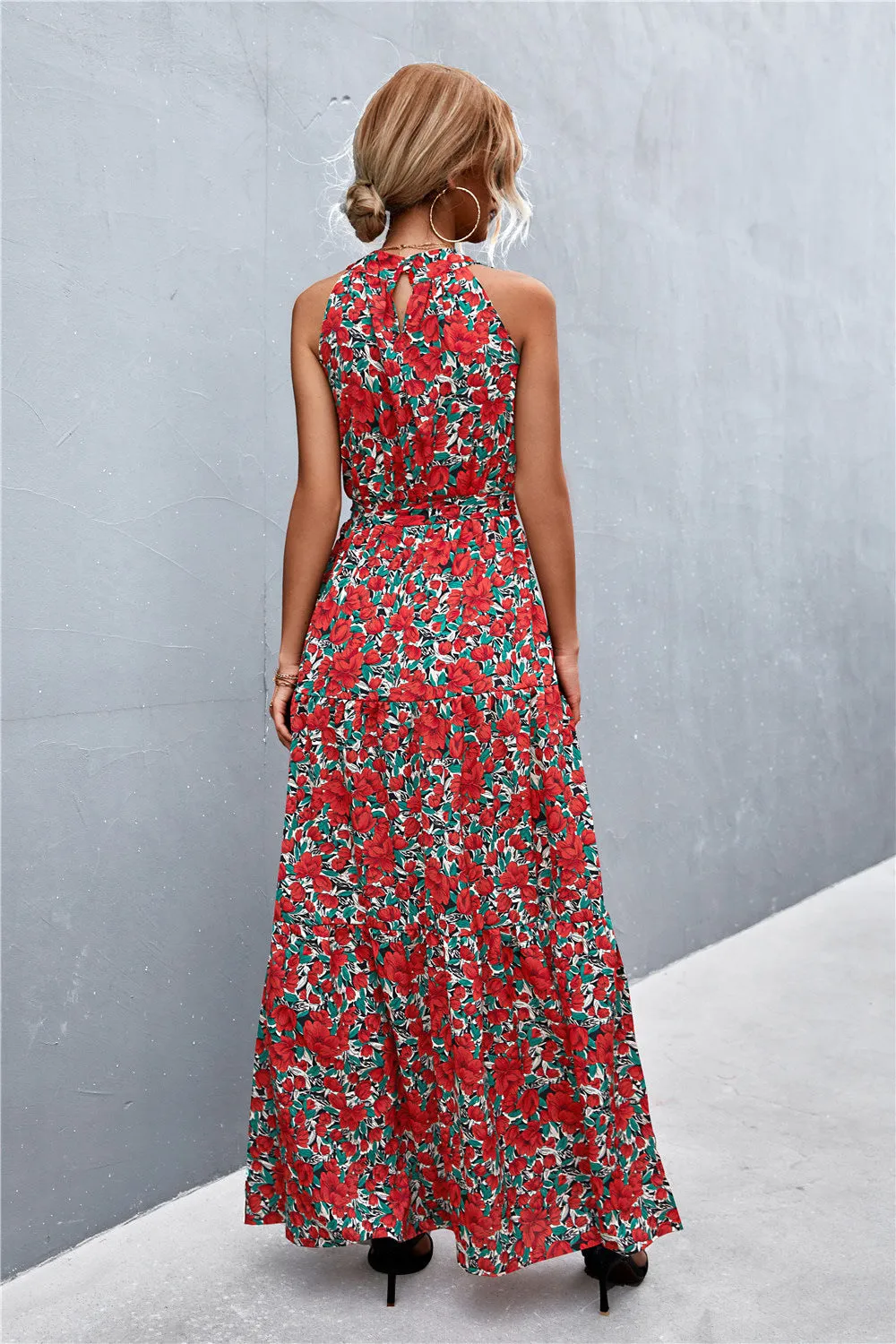 Botanical Printed Sleeveless Tie Waist Maxi Dress