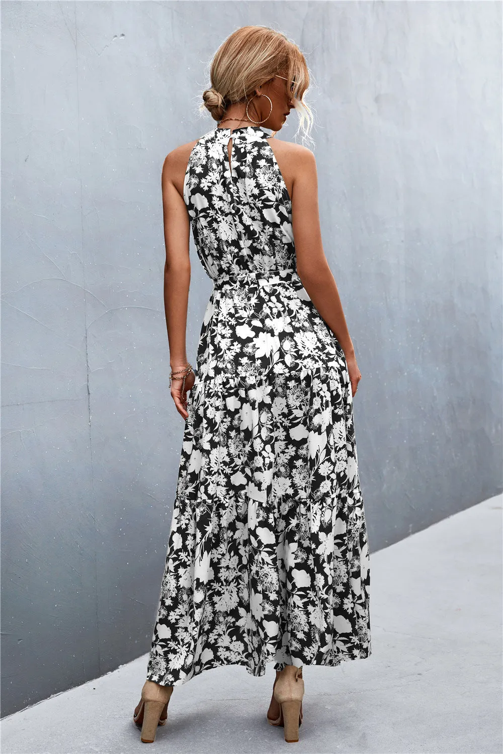 Botanical Printed Sleeveless Tie Waist Maxi Dress