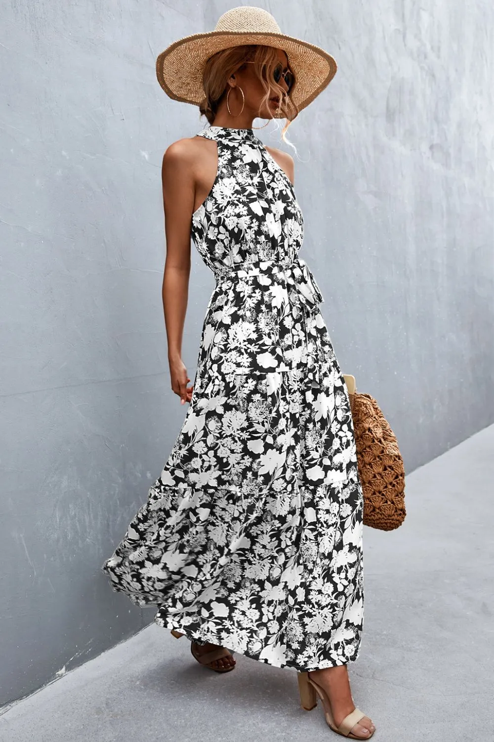 Botanical Printed Sleeveless Tie Waist Maxi Dress