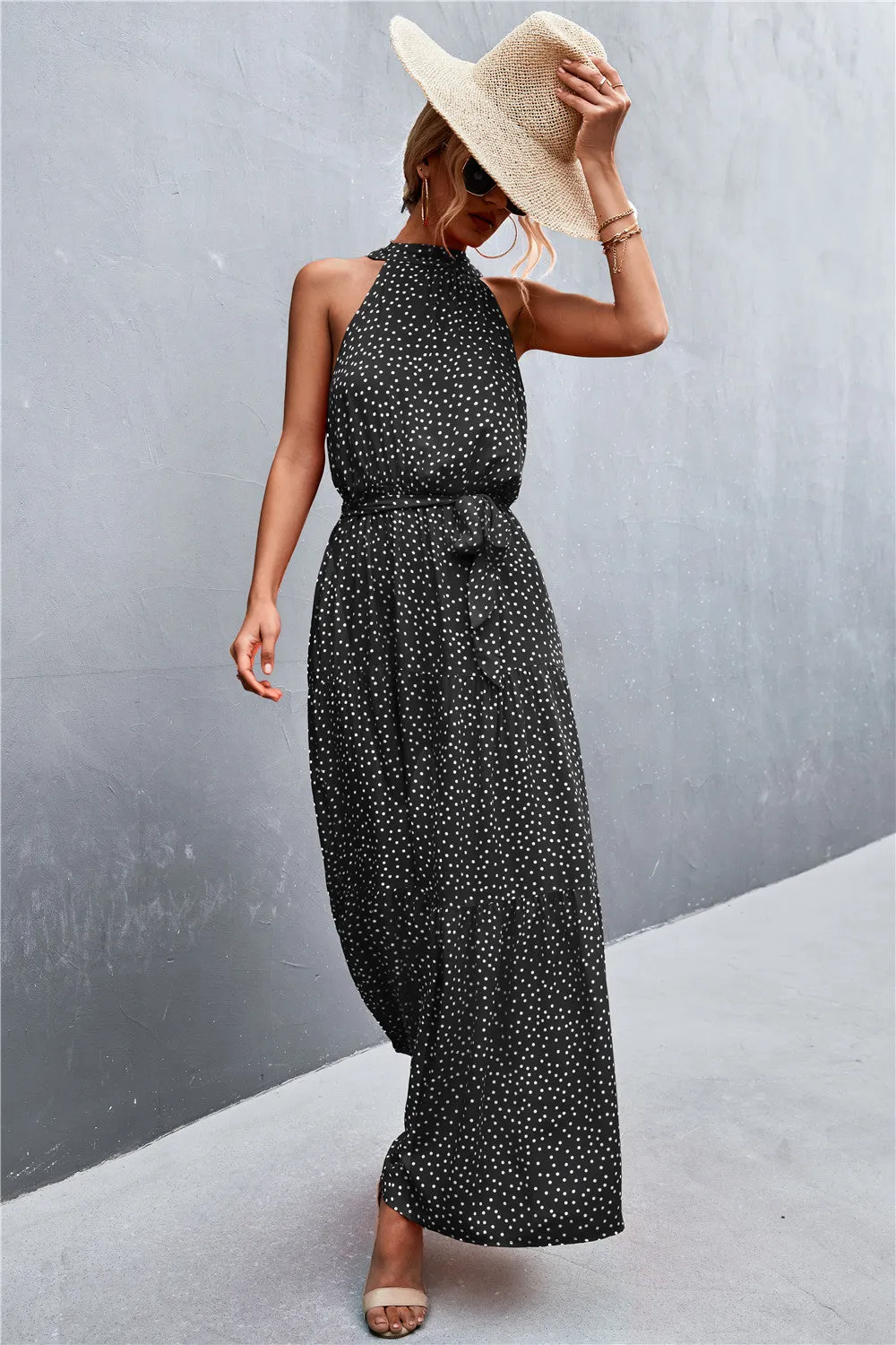 Botanical Printed Sleeveless Tie Waist Maxi Dress