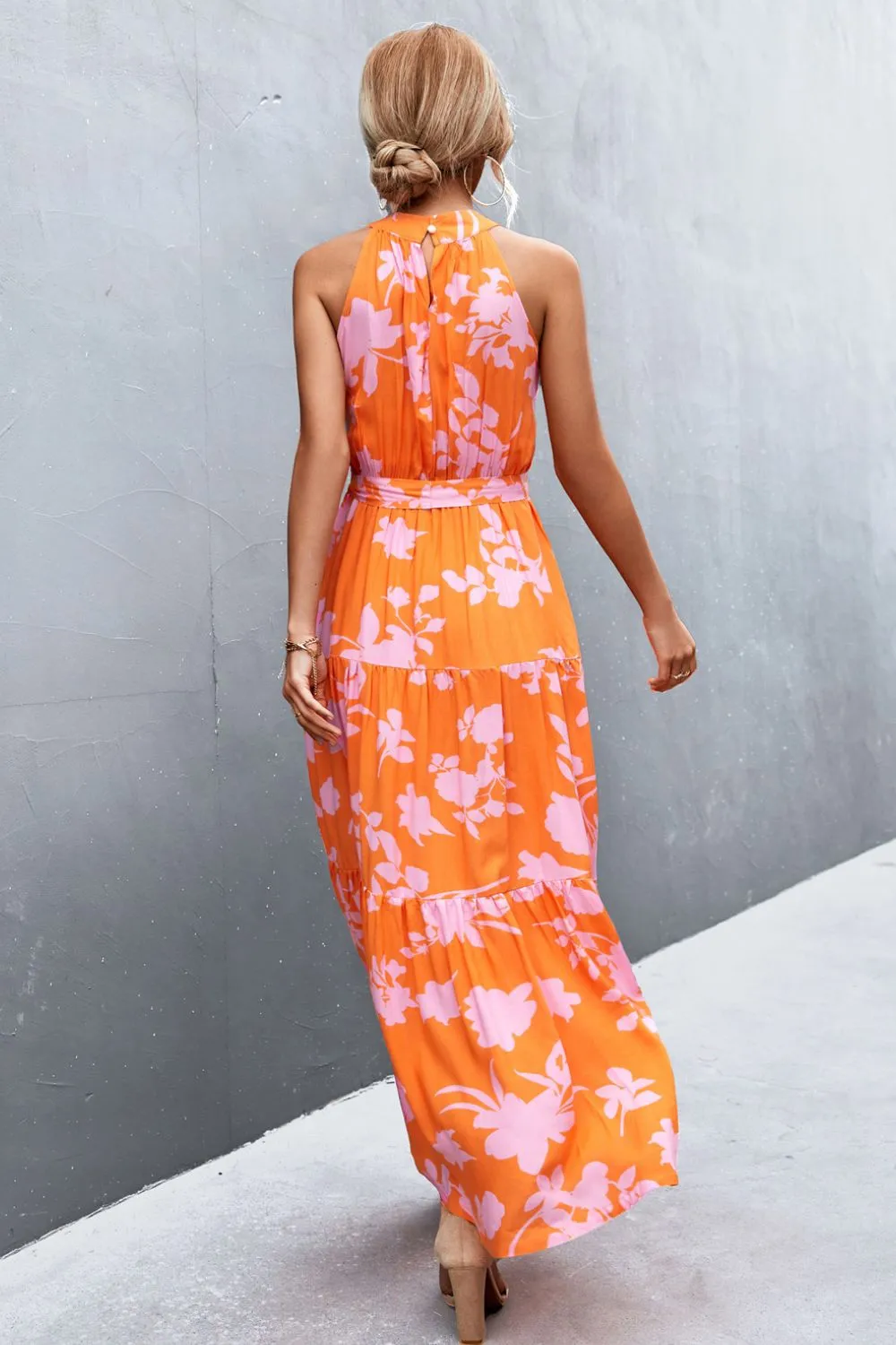 Botanical Printed Sleeveless Tie Waist Maxi Dress