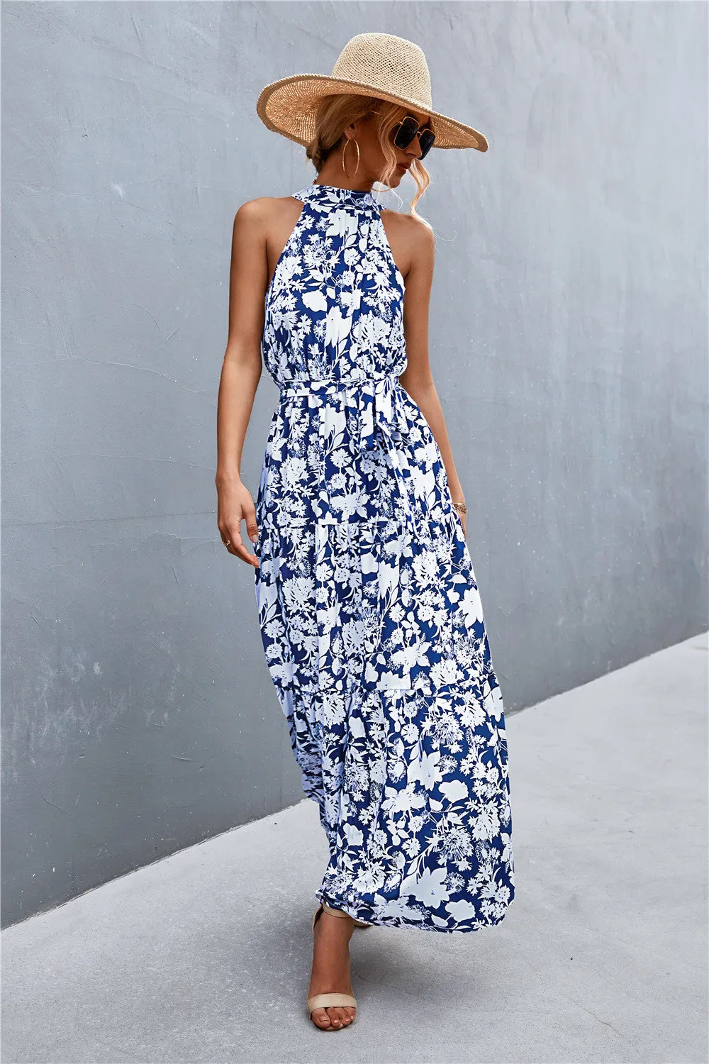 Botanical Printed Sleeveless Tie Waist Maxi Dress