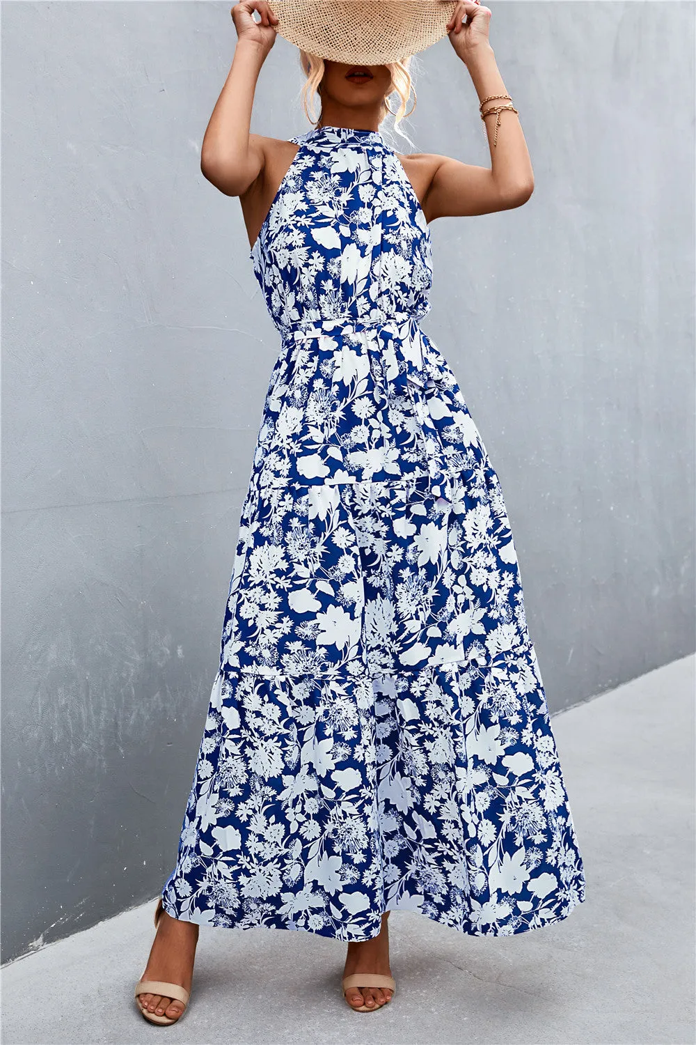 Botanical Printed Sleeveless Tie Waist Maxi Dress