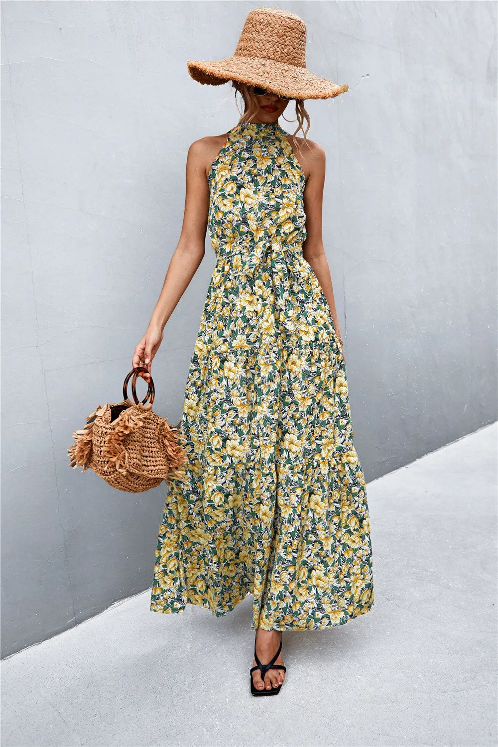 Botanical Printed Sleeveless Tie Waist Maxi Dress