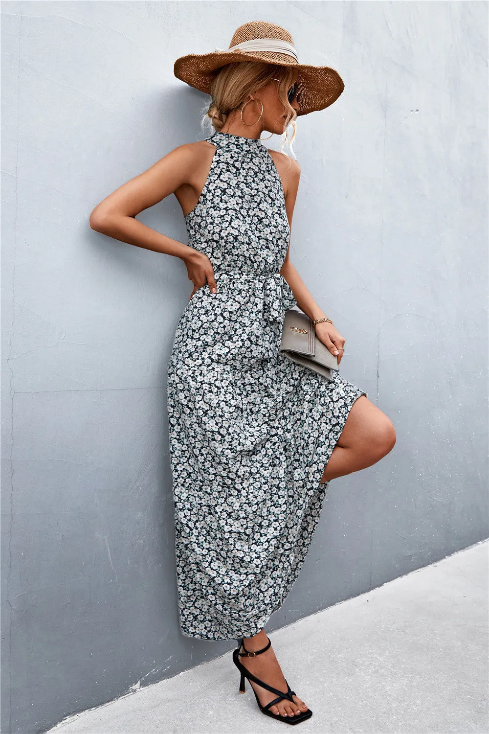 Botanical Printed Sleeveless Tie Waist Maxi Dress