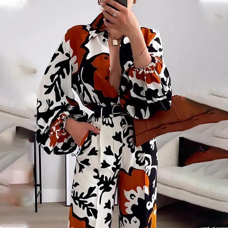 Buttoned Commuter Lapel Long Sleeve Printed Chic Boho Wholesale Women'S Jumpsuit