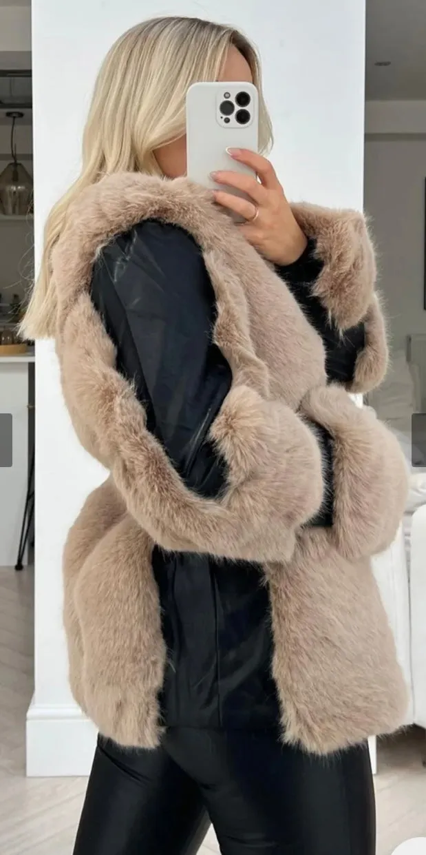 Carley black & beige faux fur aviator jacket