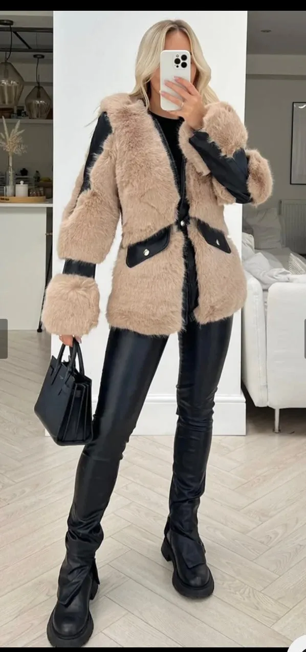 Carley black & beige faux fur aviator jacket