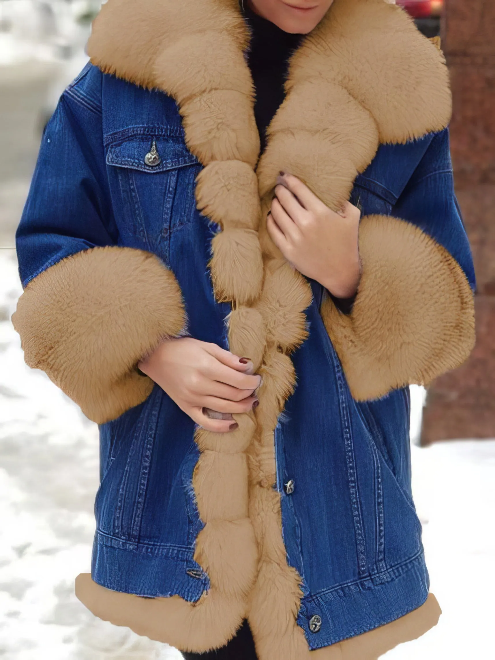 Coats Furry Denim Super Warm Long Sleeve Coat for Women