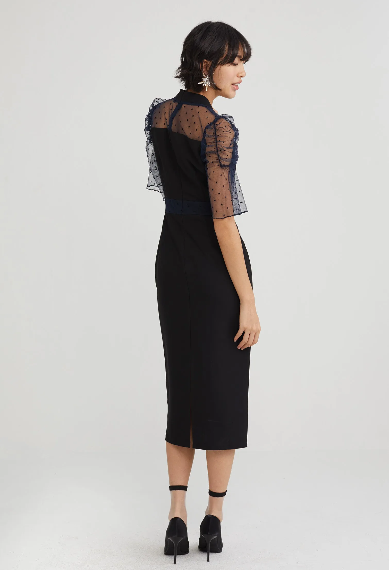 Cocktail Sheer Sleeve Midi Dress