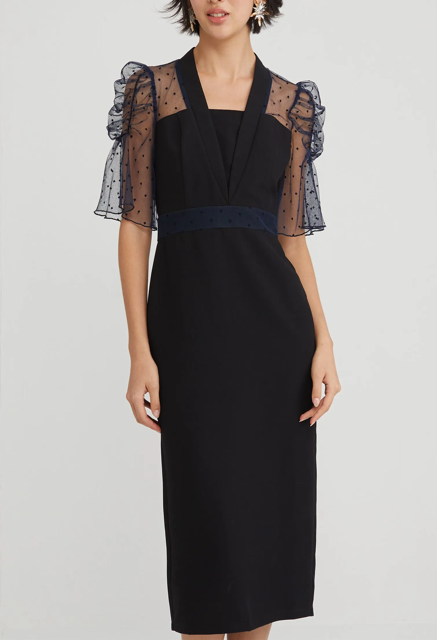 Cocktail Sheer Sleeve Midi Dress