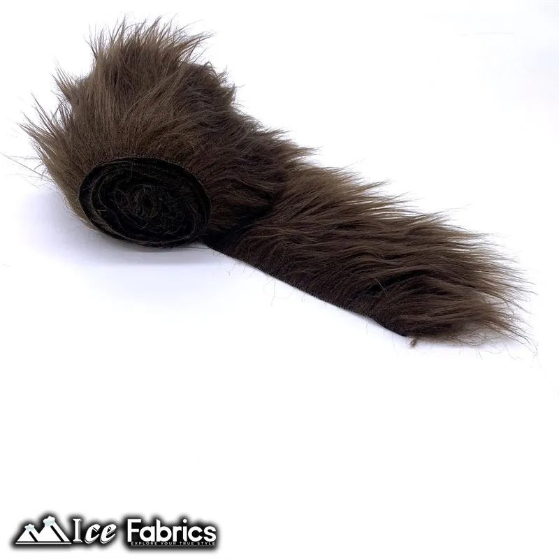 Dark Brown Shaggy Mohair Strips Ribbon Faux Fur Fabric Pre Cut Roll