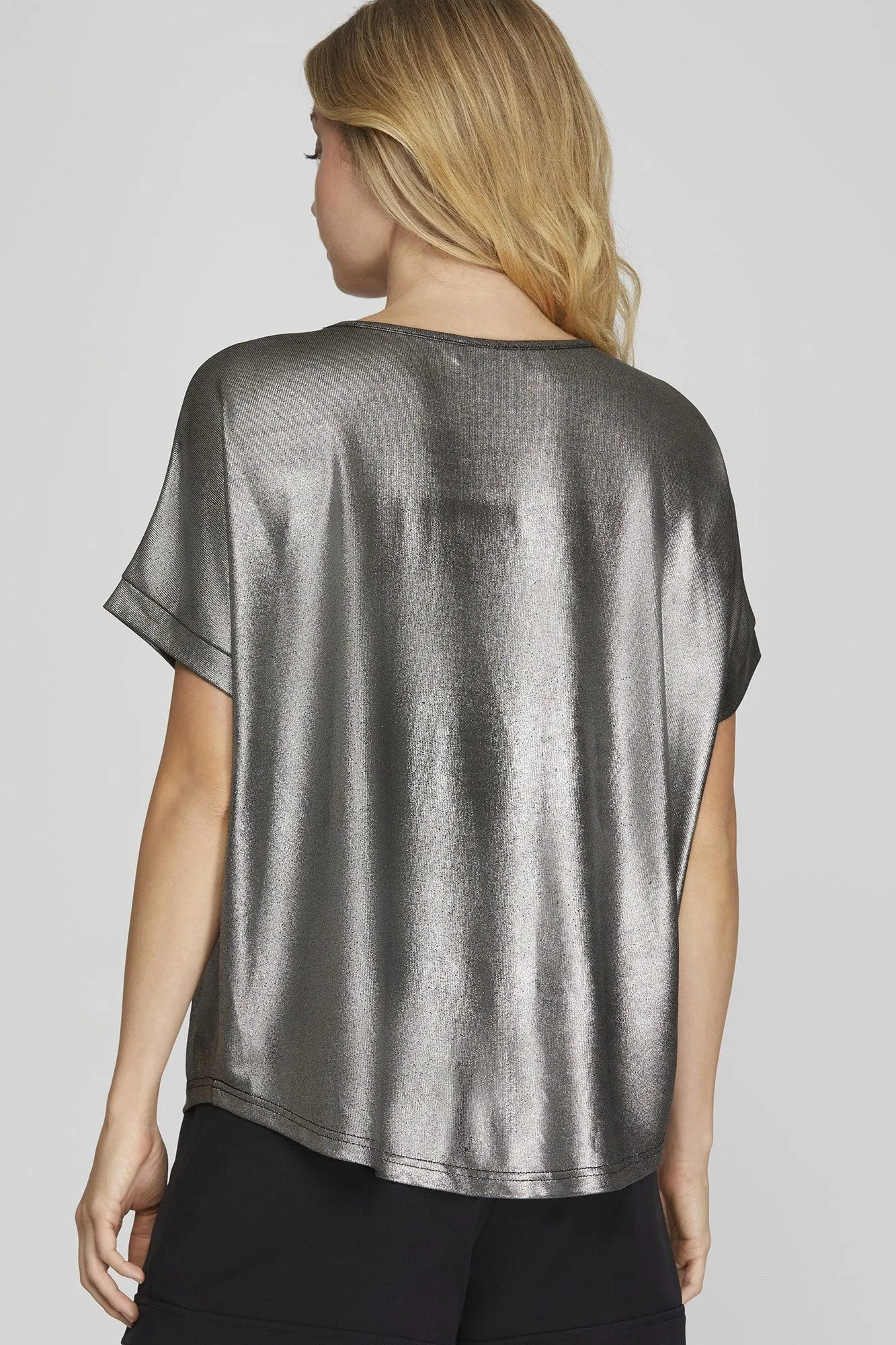 Drop Shoulder V-Neck Metallic Knit Top