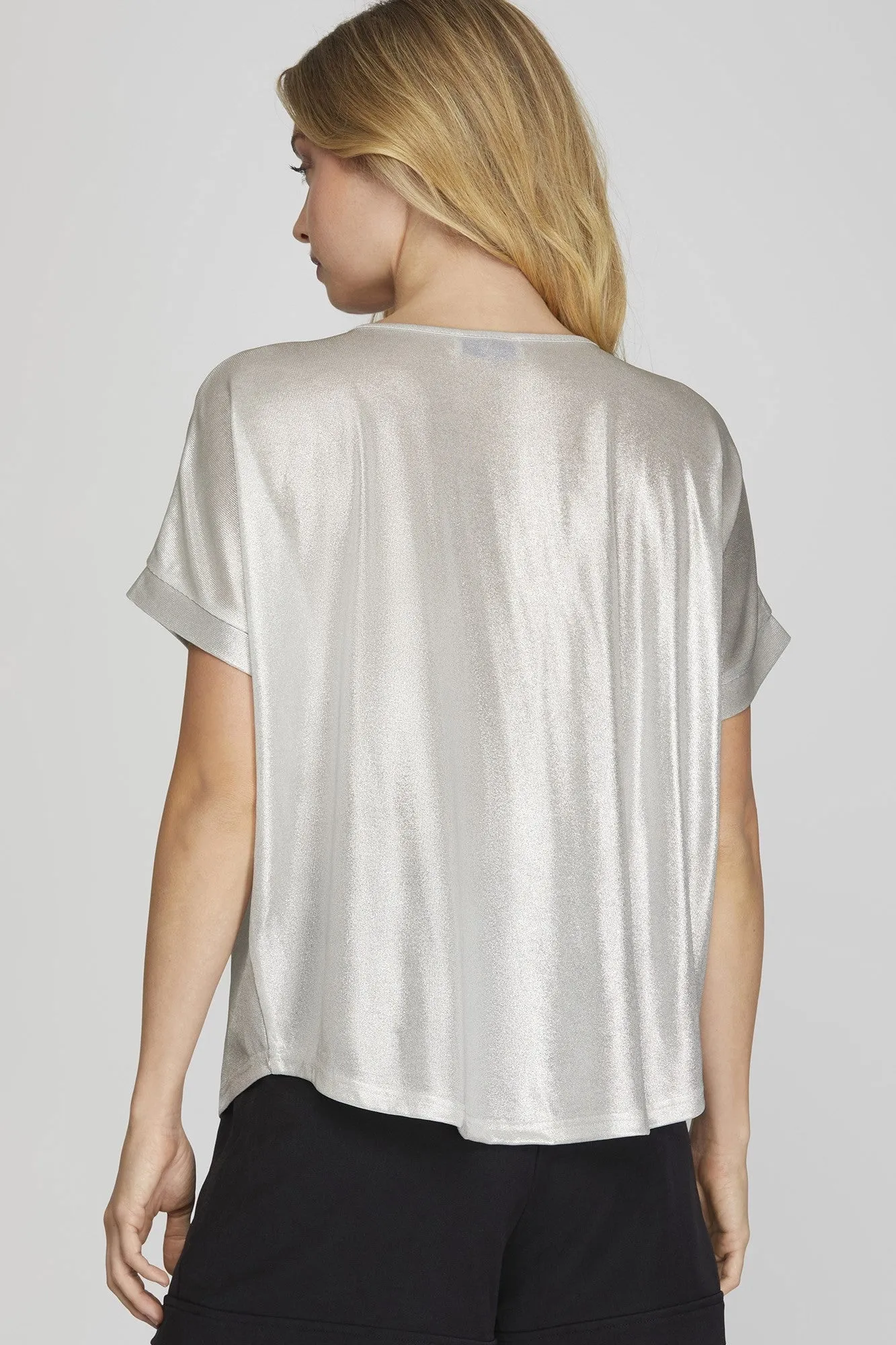 Drop Shoulder V-Neck Metallic Knit Top