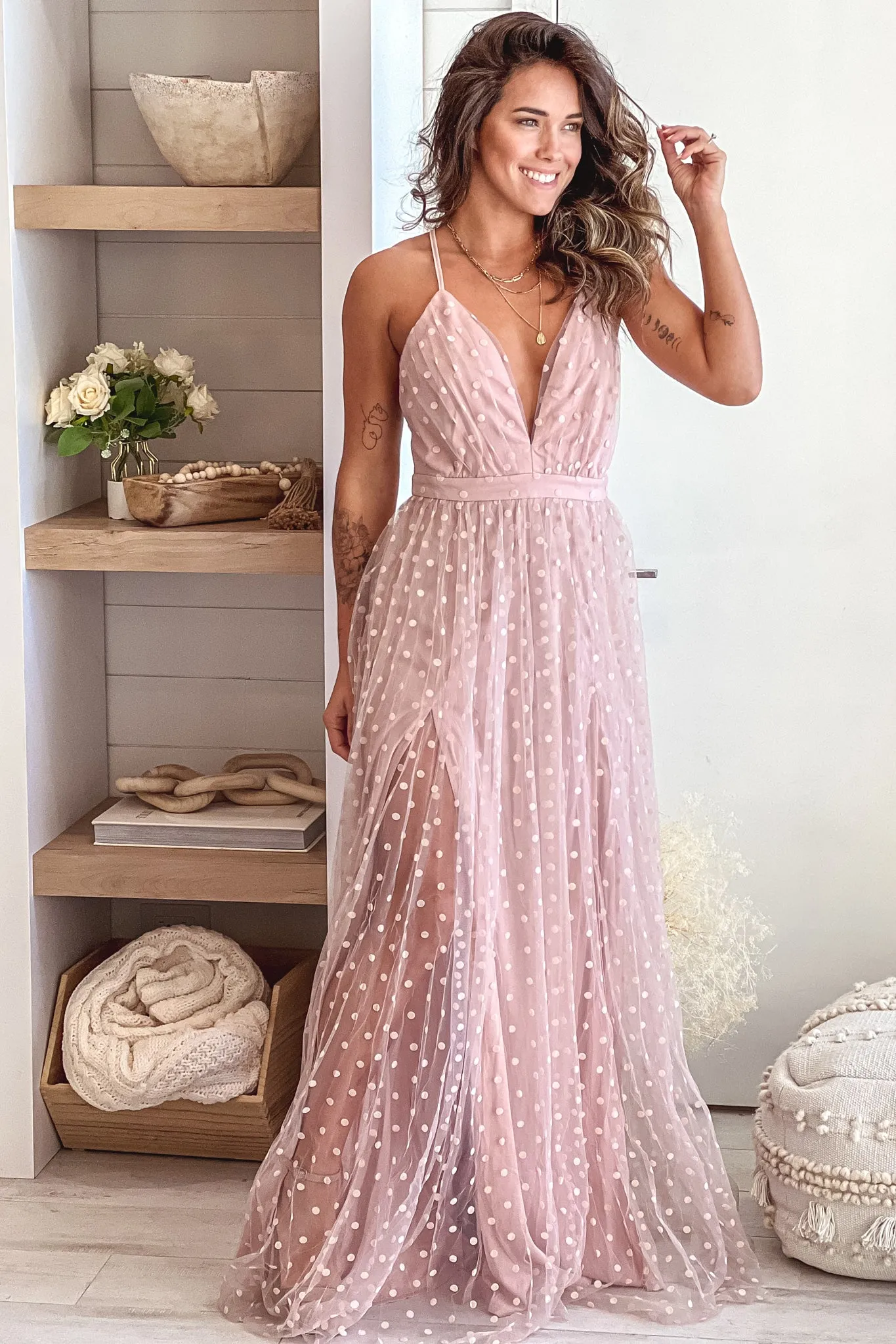 Dusty Pink Polka Dot Mesh Maxi Dress