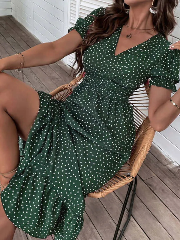 Elegant Chic: Polka Dot V-Neck Mid-Length Dress