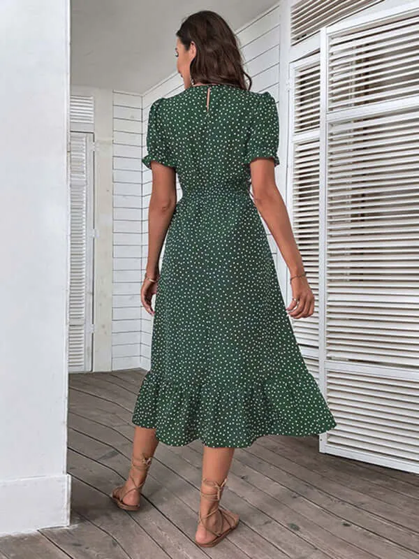 Elegant Chic: Polka Dot V-Neck Mid-Length Dress